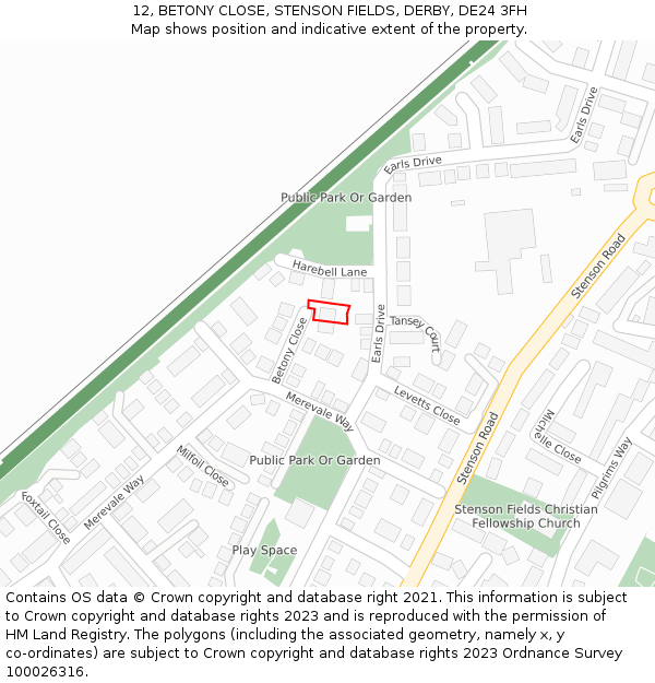 12, BETONY CLOSE, STENSON FIELDS, DERBY, DE24 3FH: Location map and indicative extent of plot