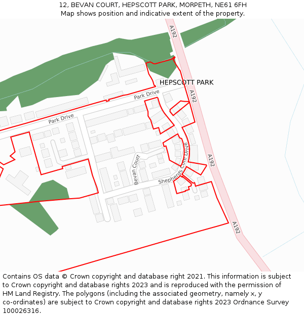 12, BEVAN COURT, HEPSCOTT PARK, MORPETH, NE61 6FH: Location map and indicative extent of plot