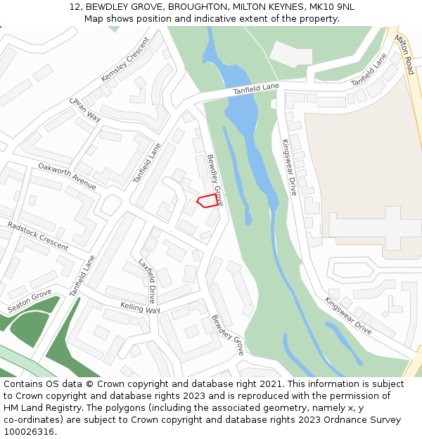 12, BEWDLEY GROVE, BROUGHTON, MILTON KEYNES, MK10 9NL: Location map and indicative extent of plot