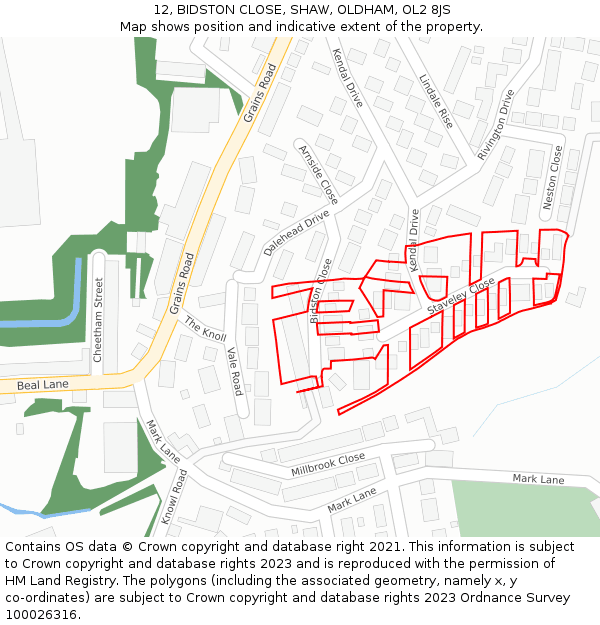 12, BIDSTON CLOSE, SHAW, OLDHAM, OL2 8JS: Location map and indicative extent of plot