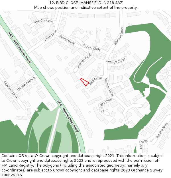 12, BIRD CLOSE, MANSFIELD, NG18 4AZ: Location map and indicative extent of plot