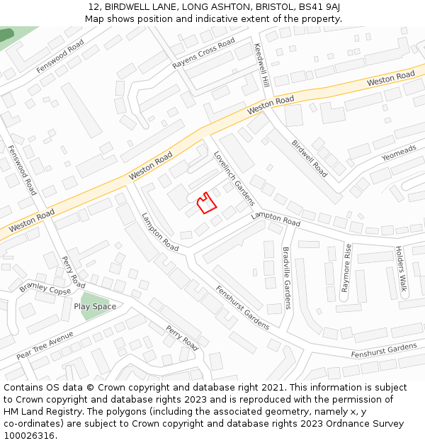 12, BIRDWELL LANE, LONG ASHTON, BRISTOL, BS41 9AJ: Location map and indicative extent of plot