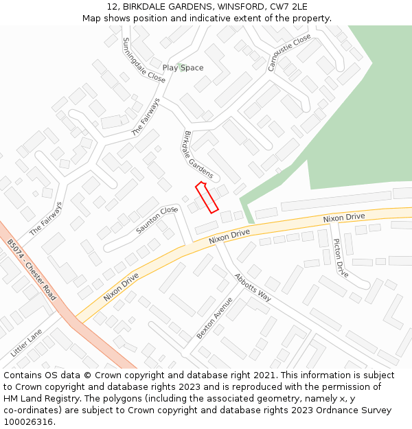 12, BIRKDALE GARDENS, WINSFORD, CW7 2LE: Location map and indicative extent of plot