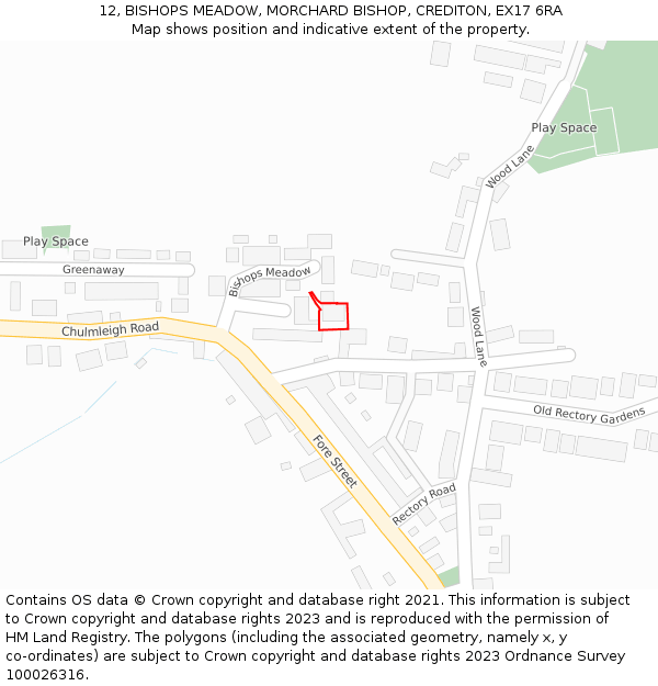 12, BISHOPS MEADOW, MORCHARD BISHOP, CREDITON, EX17 6RA: Location map and indicative extent of plot