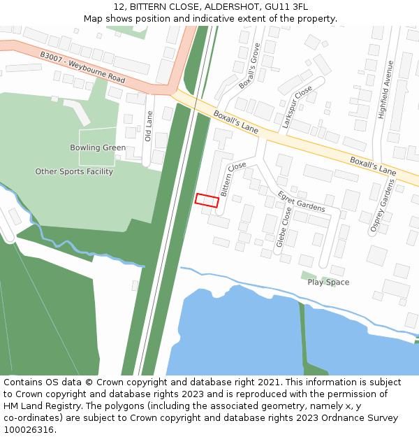 12, BITTERN CLOSE, ALDERSHOT, GU11 3FL: Location map and indicative extent of plot