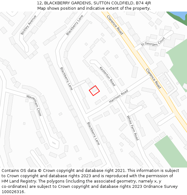 12, BLACKBERRY GARDENS, SUTTON COLDFIELD, B74 4JR: Location map and indicative extent of plot