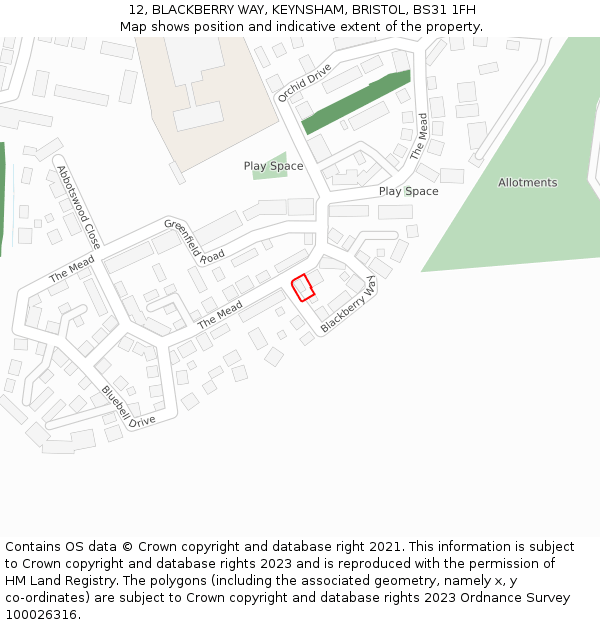 12, BLACKBERRY WAY, KEYNSHAM, BRISTOL, BS31 1FH: Location map and indicative extent of plot
