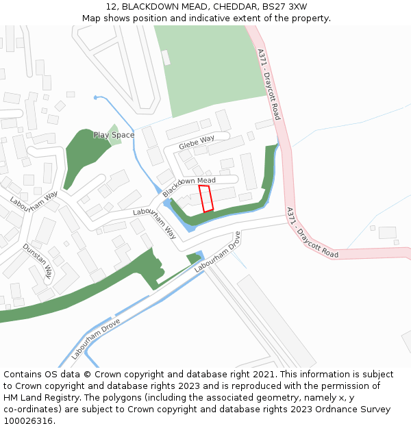 12, BLACKDOWN MEAD, CHEDDAR, BS27 3XW: Location map and indicative extent of plot