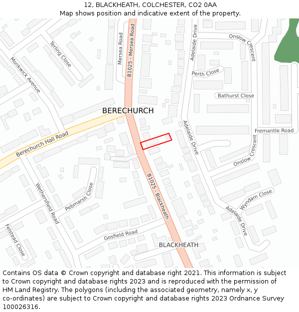12, BLACKHEATH, COLCHESTER, CO2 0AA: Location map and indicative extent of plot