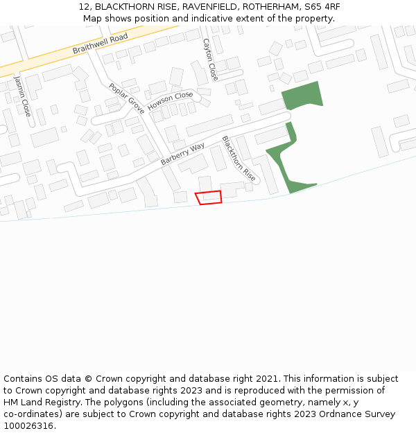 12, BLACKTHORN RISE, RAVENFIELD, ROTHERHAM, S65 4RF: Location map and indicative extent of plot