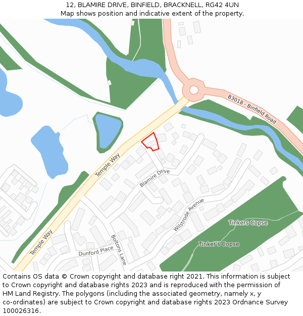 12, BLAMIRE DRIVE, BINFIELD, BRACKNELL, RG42 4UN: Location map and indicative extent of plot