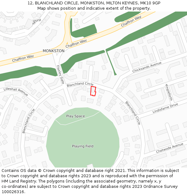 12, BLANCHLAND CIRCLE, MONKSTON, MILTON KEYNES, MK10 9GP: Location map and indicative extent of plot