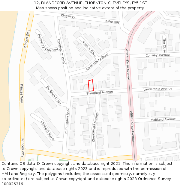 12, BLANDFORD AVENUE, THORNTON-CLEVELEYS, FY5 1ST: Location map and indicative extent of plot