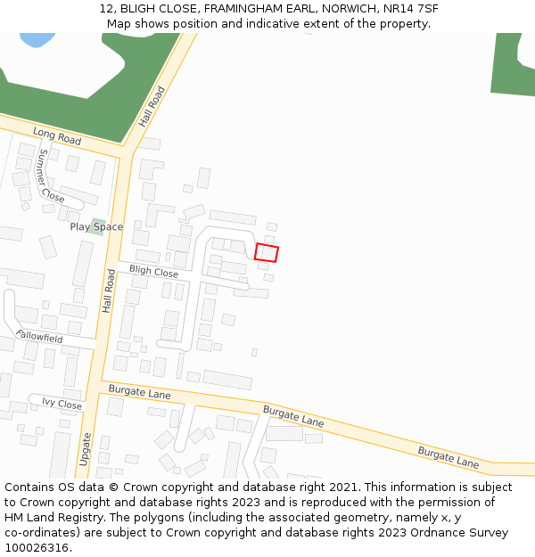 12, BLIGH CLOSE, FRAMINGHAM EARL, NORWICH, NR14 7SF: Location map and indicative extent of plot