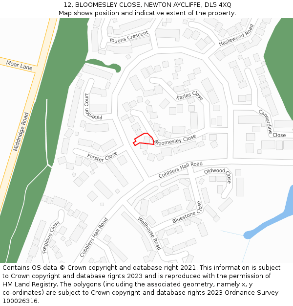 12, BLOOMESLEY CLOSE, NEWTON AYCLIFFE, DL5 4XQ: Location map and indicative extent of plot