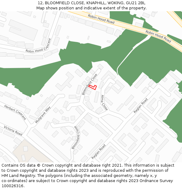 12, BLOOMFIELD CLOSE, KNAPHILL, WOKING, GU21 2BL: Location map and indicative extent of plot