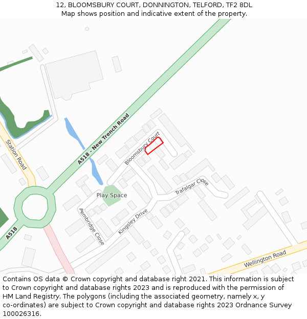 12, BLOOMSBURY COURT, DONNINGTON, TELFORD, TF2 8DL: Location map and indicative extent of plot