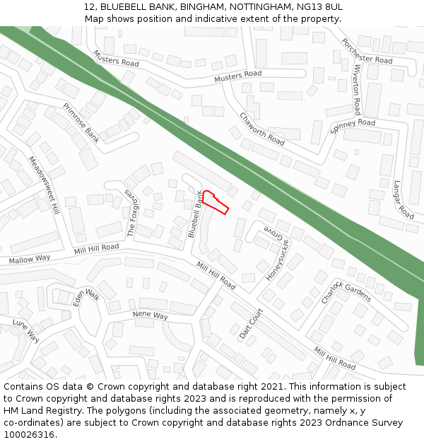 12, BLUEBELL BANK, BINGHAM, NOTTINGHAM, NG13 8UL: Location map and indicative extent of plot