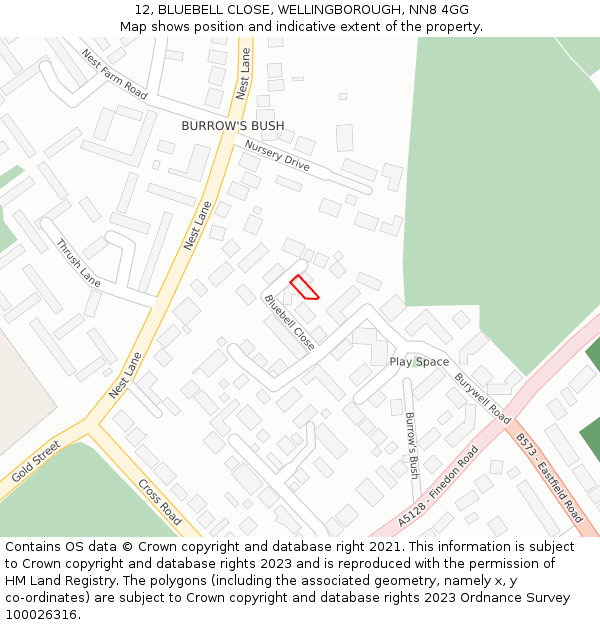 12, BLUEBELL CLOSE, WELLINGBOROUGH, NN8 4GG: Location map and indicative extent of plot