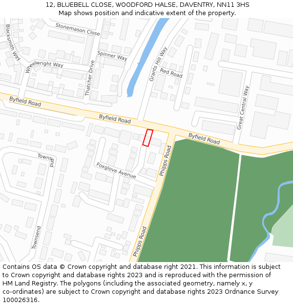 12, BLUEBELL CLOSE, WOODFORD HALSE, DAVENTRY, NN11 3HS: Location map and indicative extent of plot