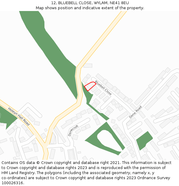 12, BLUEBELL CLOSE, WYLAM, NE41 8EU: Location map and indicative extent of plot