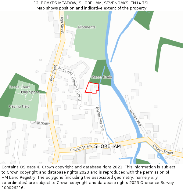 12, BOAKES MEADOW, SHOREHAM, SEVENOAKS, TN14 7SH: Location map and indicative extent of plot