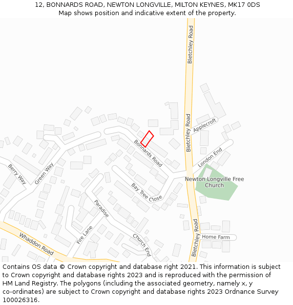 12, BONNARDS ROAD, NEWTON LONGVILLE, MILTON KEYNES, MK17 0DS: Location map and indicative extent of plot