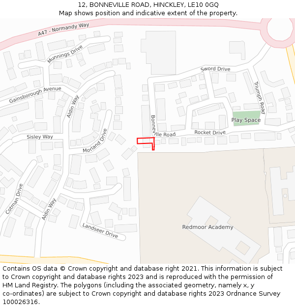 12, BONNEVILLE ROAD, HINCKLEY, LE10 0GQ: Location map and indicative extent of plot