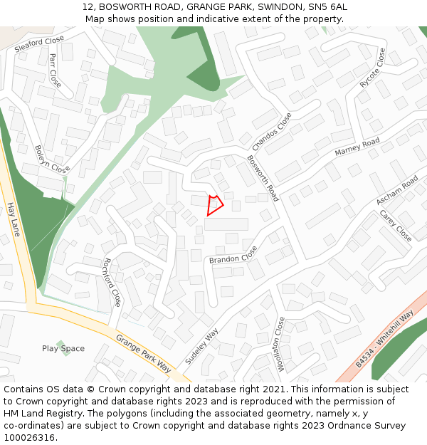 12, BOSWORTH ROAD, GRANGE PARK, SWINDON, SN5 6AL: Location map and indicative extent of plot