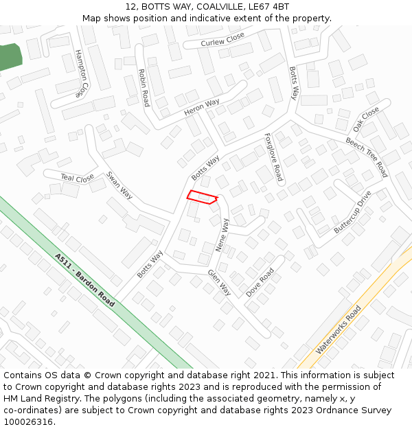 12, BOTTS WAY, COALVILLE, LE67 4BT: Location map and indicative extent of plot