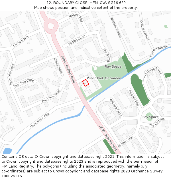12, BOUNDARY CLOSE, HENLOW, SG16 6FP: Location map and indicative extent of plot