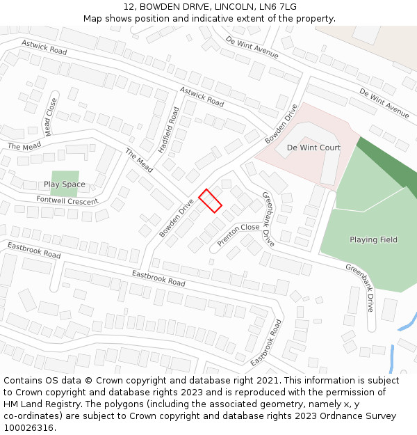 12, BOWDEN DRIVE, LINCOLN, LN6 7LG: Location map and indicative extent of plot