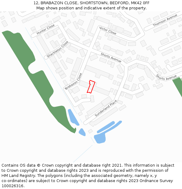 12, BRABAZON CLOSE, SHORTSTOWN, BEDFORD, MK42 0FF: Location map and indicative extent of plot