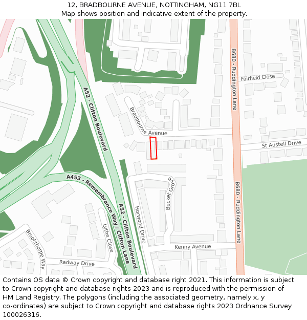 12, BRADBOURNE AVENUE, NOTTINGHAM, NG11 7BL: Location map and indicative extent of plot