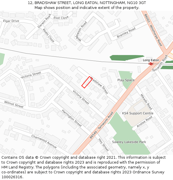 12, BRADSHAW STREET, LONG EATON, NOTTINGHAM, NG10 3GT: Location map and indicative extent of plot