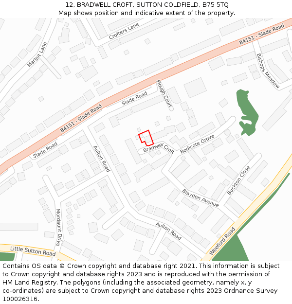12, BRADWELL CROFT, SUTTON COLDFIELD, B75 5TQ: Location map and indicative extent of plot