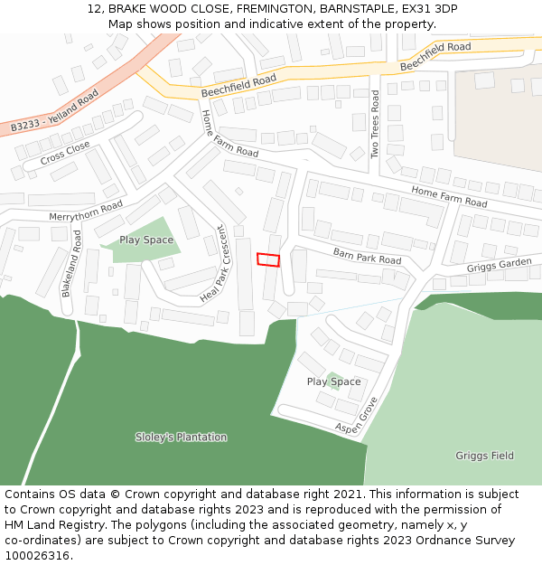 12, BRAKE WOOD CLOSE, FREMINGTON, BARNSTAPLE, EX31 3DP: Location map and indicative extent of plot