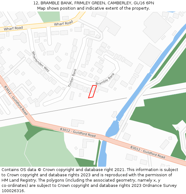 12, BRAMBLE BANK, FRIMLEY GREEN, CAMBERLEY, GU16 6PN: Location map and indicative extent of plot