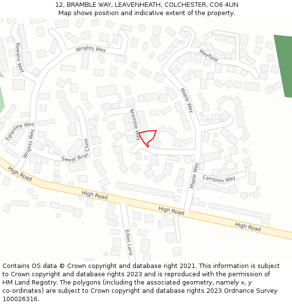 12, BRAMBLE WAY, LEAVENHEATH, COLCHESTER, CO6 4UN: Location map and indicative extent of plot