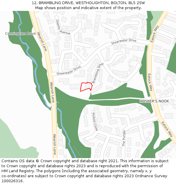 12, BRAMBLING DRIVE, WESTHOUGHTON, BOLTON, BL5 2SW: Location map and indicative extent of plot