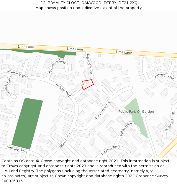 12, BRAMLEY CLOSE, OAKWOOD, DERBY, DE21 2XQ: Location map and indicative extent of plot
