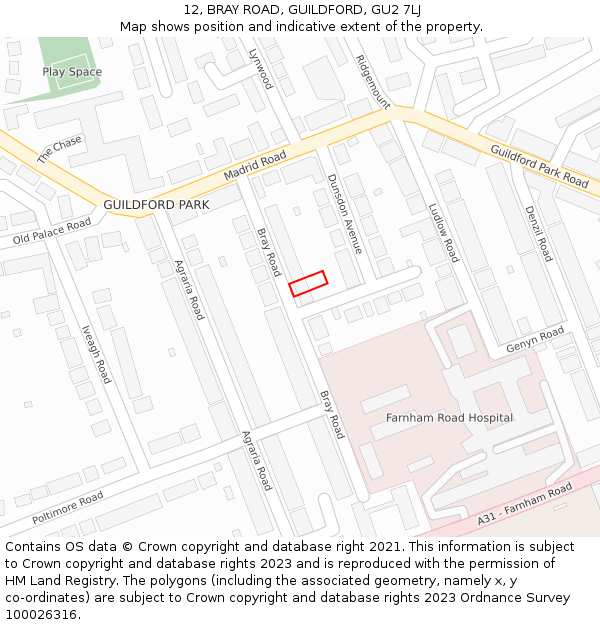 12, BRAY ROAD, GUILDFORD, GU2 7LJ: Location map and indicative extent of plot
