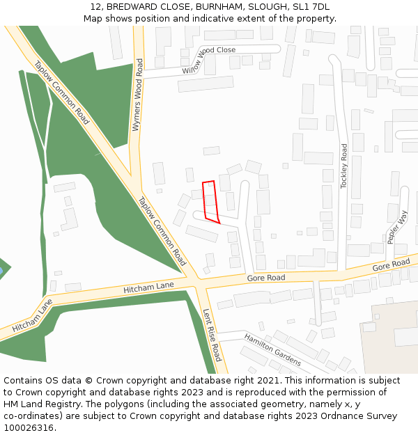 12, BREDWARD CLOSE, BURNHAM, SLOUGH, SL1 7DL: Location map and indicative extent of plot