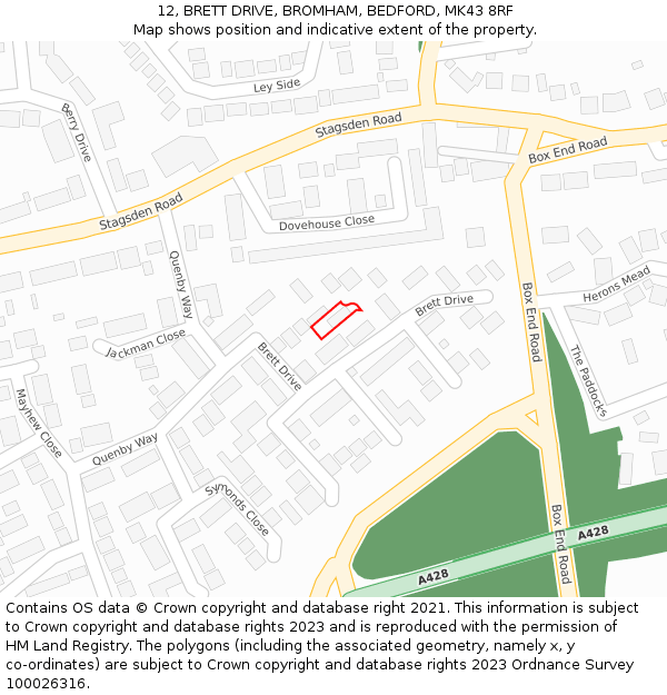 12, BRETT DRIVE, BROMHAM, BEDFORD, MK43 8RF: Location map and indicative extent of plot