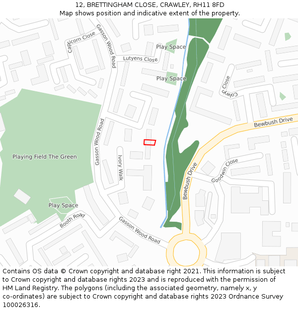 12, BRETTINGHAM CLOSE, CRAWLEY, RH11 8FD: Location map and indicative extent of plot