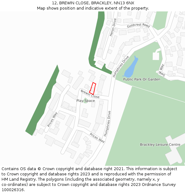 12, BREWIN CLOSE, BRACKLEY, NN13 6NX: Location map and indicative extent of plot