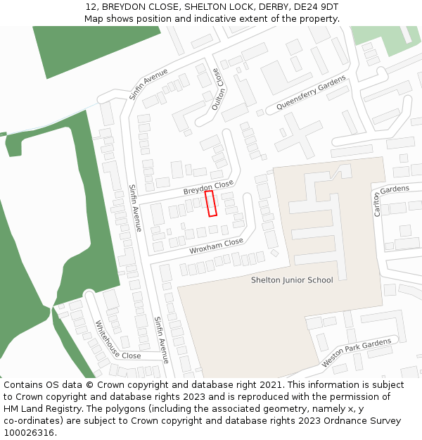 12, BREYDON CLOSE, SHELTON LOCK, DERBY, DE24 9DT: Location map and indicative extent of plot