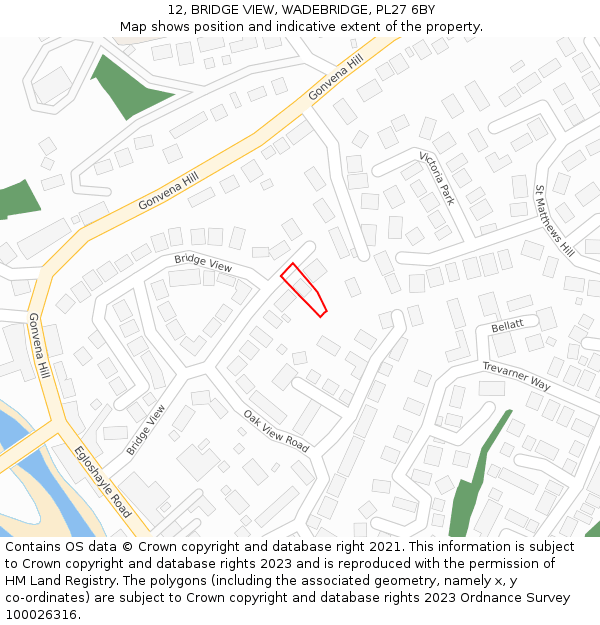 12, BRIDGE VIEW, WADEBRIDGE, PL27 6BY: Location map and indicative extent of plot