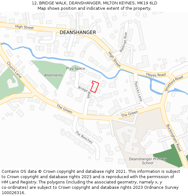 12, BRIDGE WALK, DEANSHANGER, MILTON KEYNES, MK19 6LD: Location map and indicative extent of plot