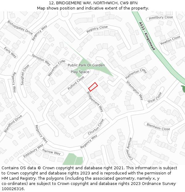 12, BRIDGEMERE WAY, NORTHWICH, CW9 8FN: Location map and indicative extent of plot